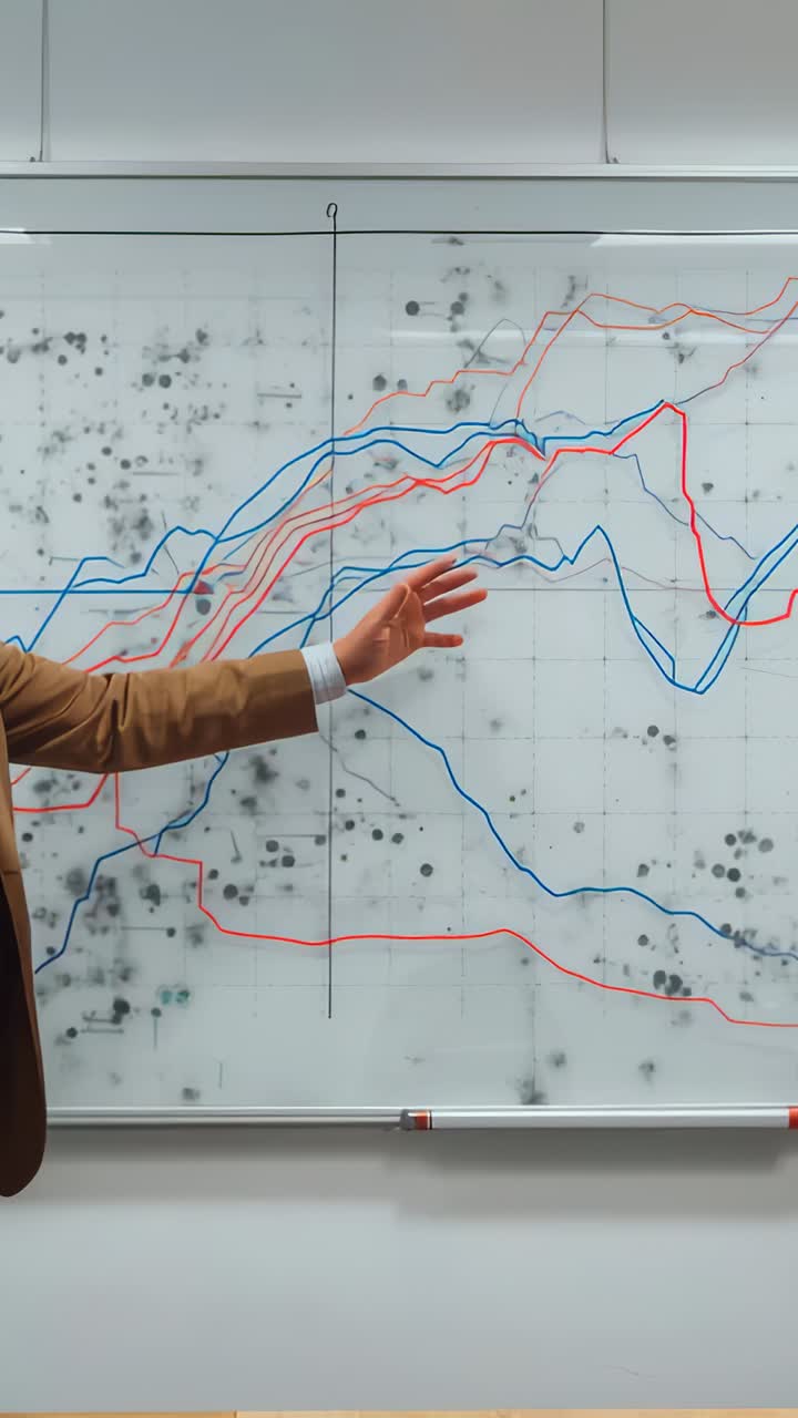 Vertical video: Pointing man in brown suit tracing peaks on board in meeting room with arm entering