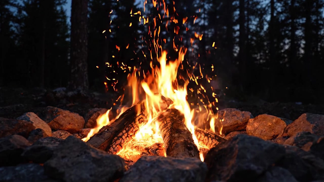 Un falò incantevole: Abbracciare il calore e lo scintillio delle fiamme della natura in una serena serata all'aperto