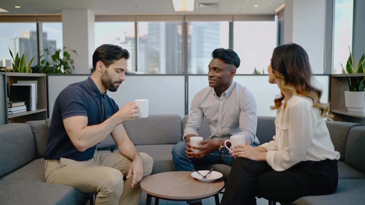 Lifting left man starting chat sipping white mug in office lounge, team holding mugs, business wear
