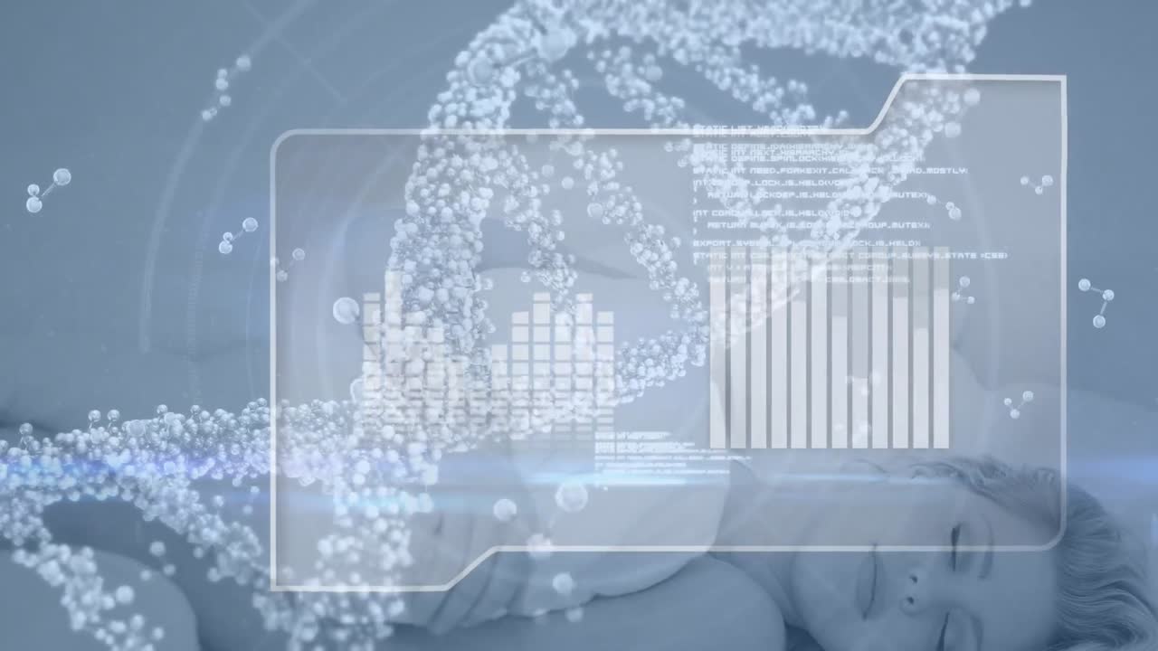 animación de nucleótidos y hélice de adn, círculos y gráficos sobre mujer caucásica durmiendo en la cama