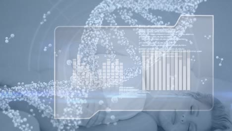 Animation-of-nucleotides-and-dna-helix,-circles-and-graphs-over-caucasian-woman-sleeping-on-bed