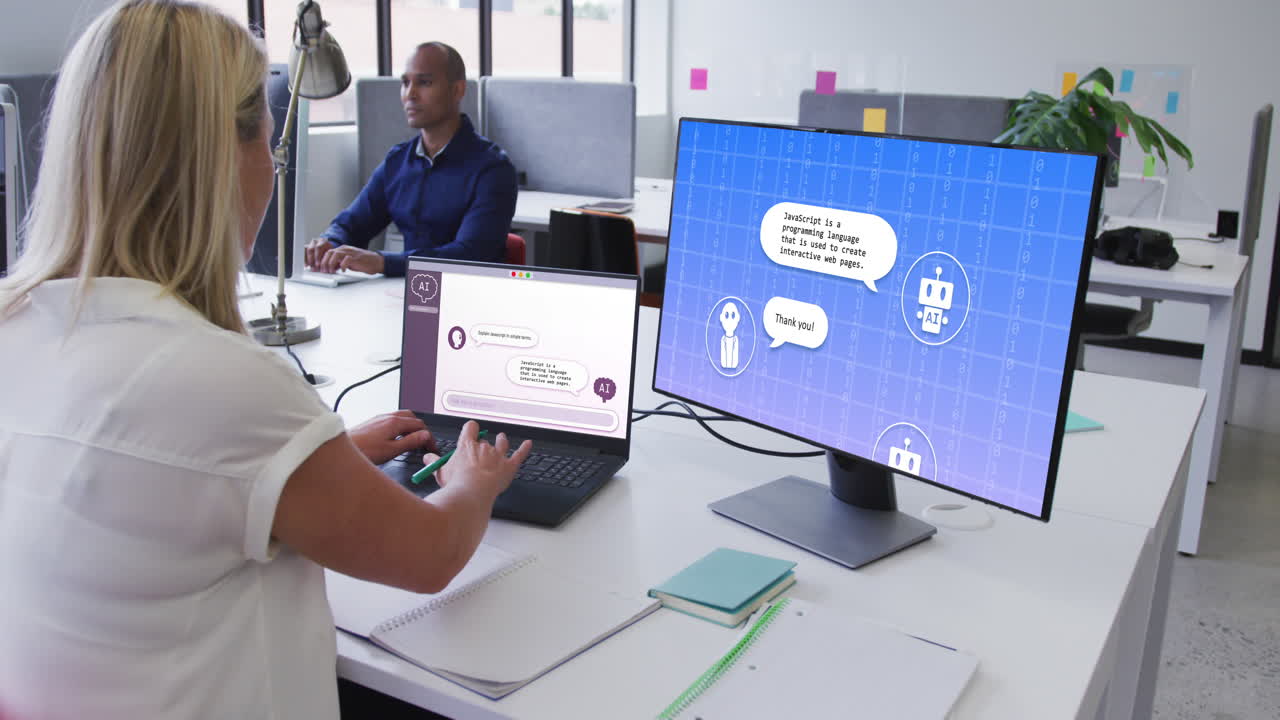 Composition of caucasian woman using laptop with ai chat on screen