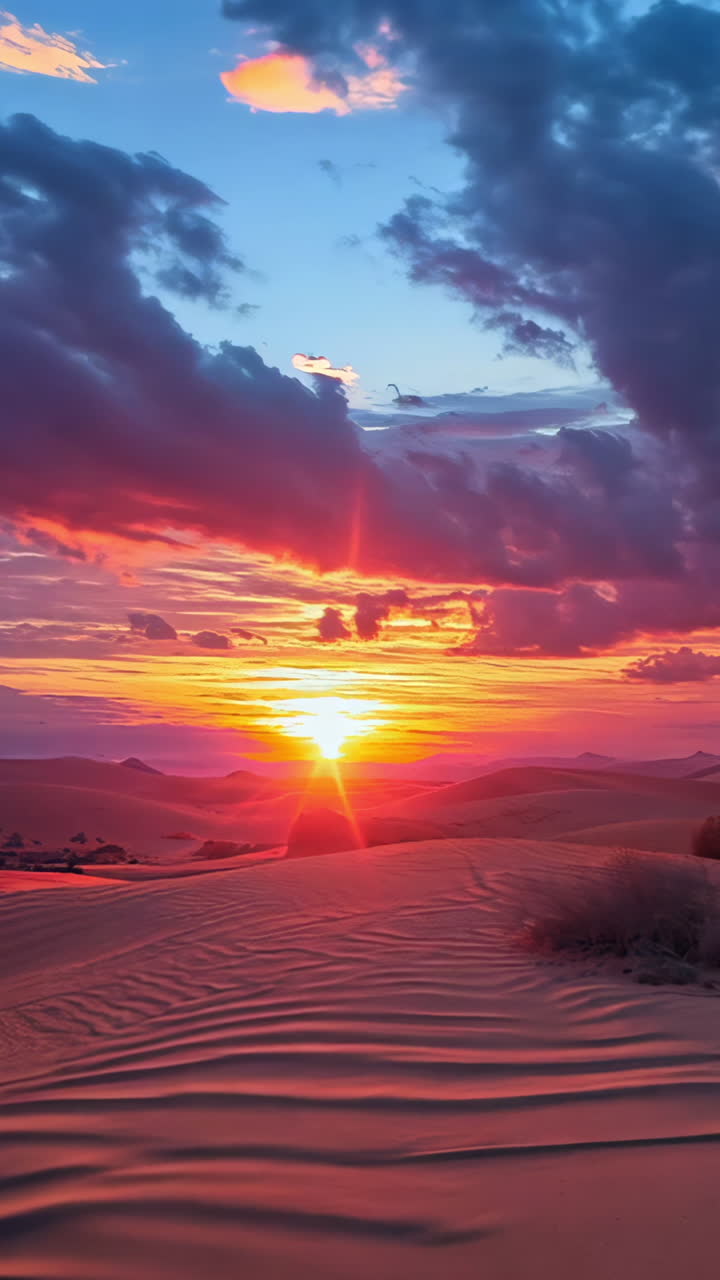 A beautiful sunset over a desert landscape with a small river in the foreground. The sky is filled with clouds and the sun is setting, creating a warm and peaceful atmosphere