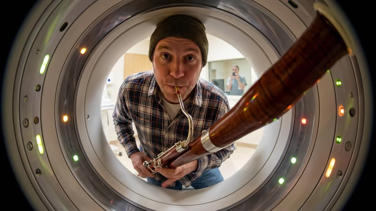 Musicista suona il fagotto all'interno di uno scanner medico circolare