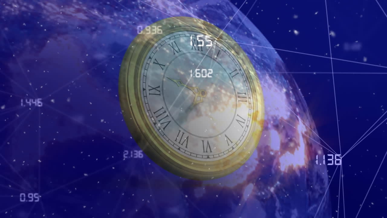 анимация сети соединений над движущимися часами и глобусом