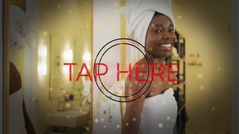 woman tapping red graphic over spa mirror, showcasing spa marketing with golden sparkles overlaying