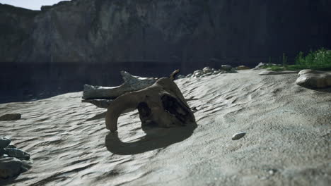 a skull rests on a sandy beach near a cliff