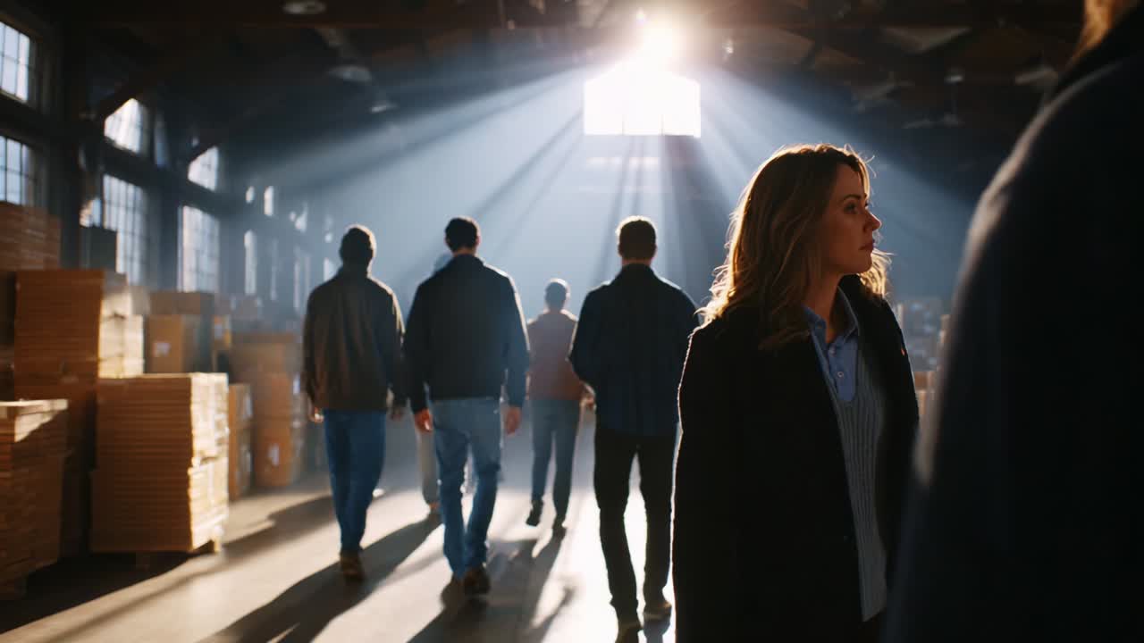 A Mysterious Gathering: An Enigmatic Scene Unfolds Within the Shadows of a Dimly Lit Warehouse Filled with Beams of Light, Where Eleonora Stands Alone Among the Departing Figures, Suspense Looming in the Air