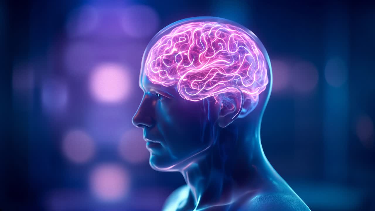 Digital Human Head with Glowing Brain and Neural Activity