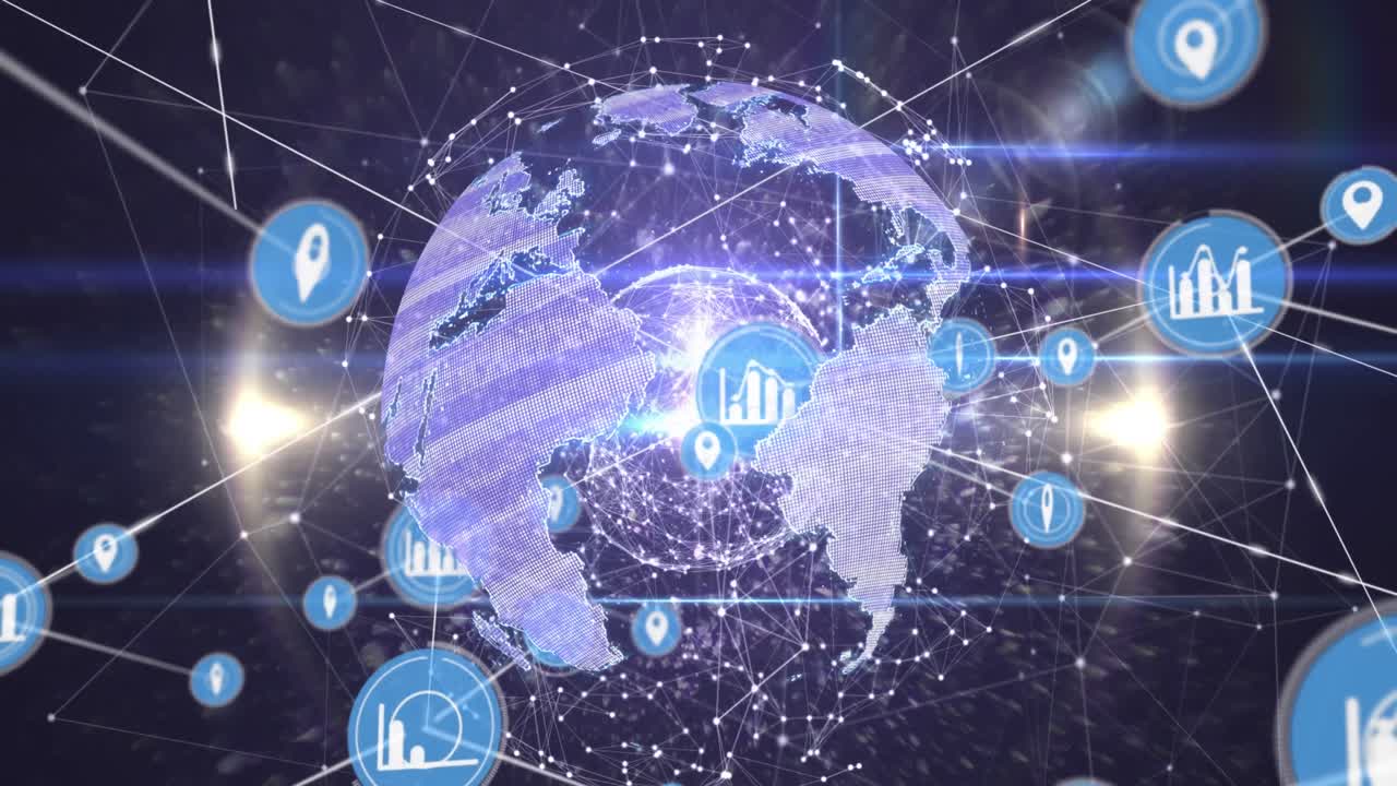 검은 바탕에 지구를 형성하는 연결된 점 위에 연결된 아이콘의 애니메이션