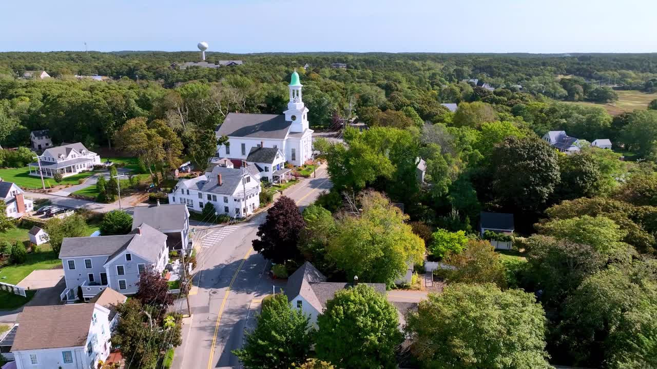 aerial over churches in Wellfleet Massachusetts