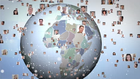 animation of diverse people icons and network of connections over globe