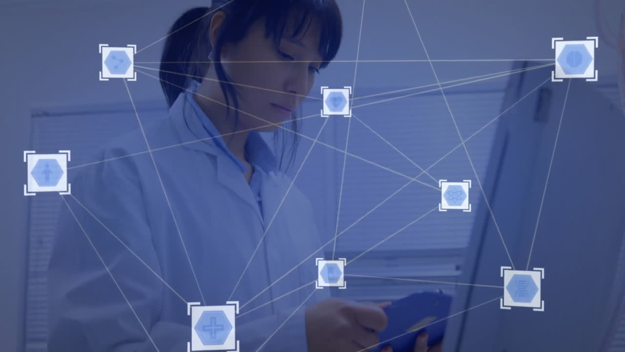 Analyzing data on tablet, scientist observing network connections in animation