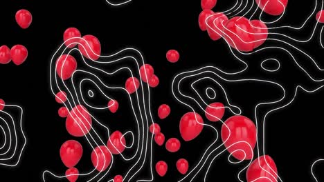 Animation-of-floating-red-balloons-and-moving-topographical-chart-on-black