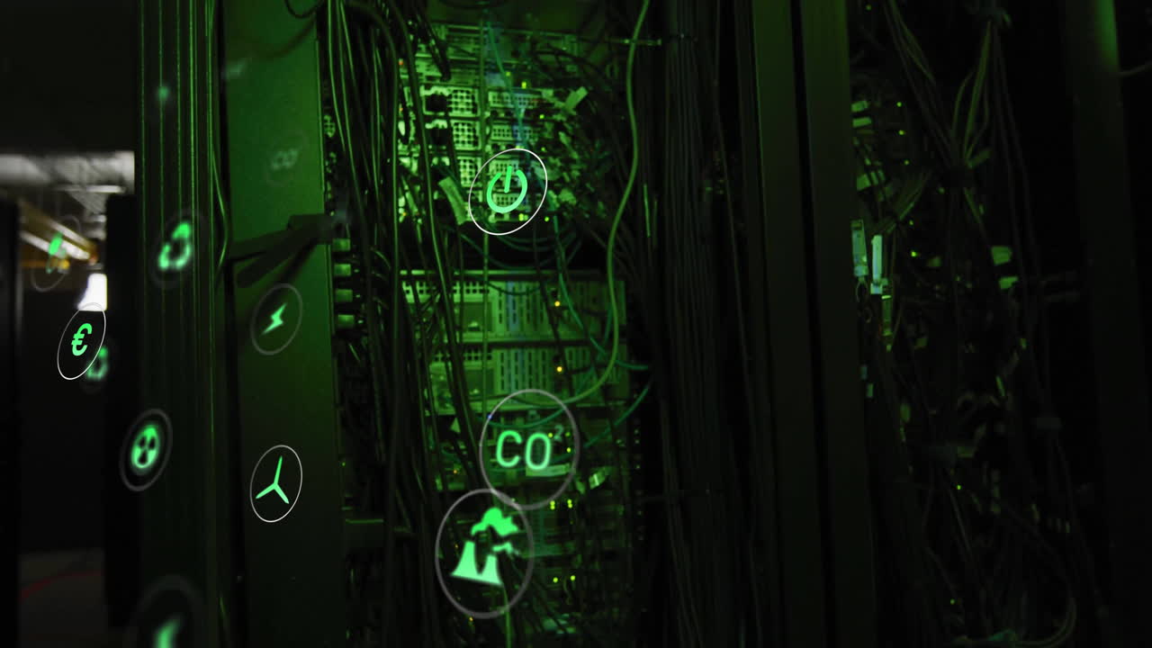 animación de iconos ecológicos y procesamiento de datos digitales a través de servidores informáticos