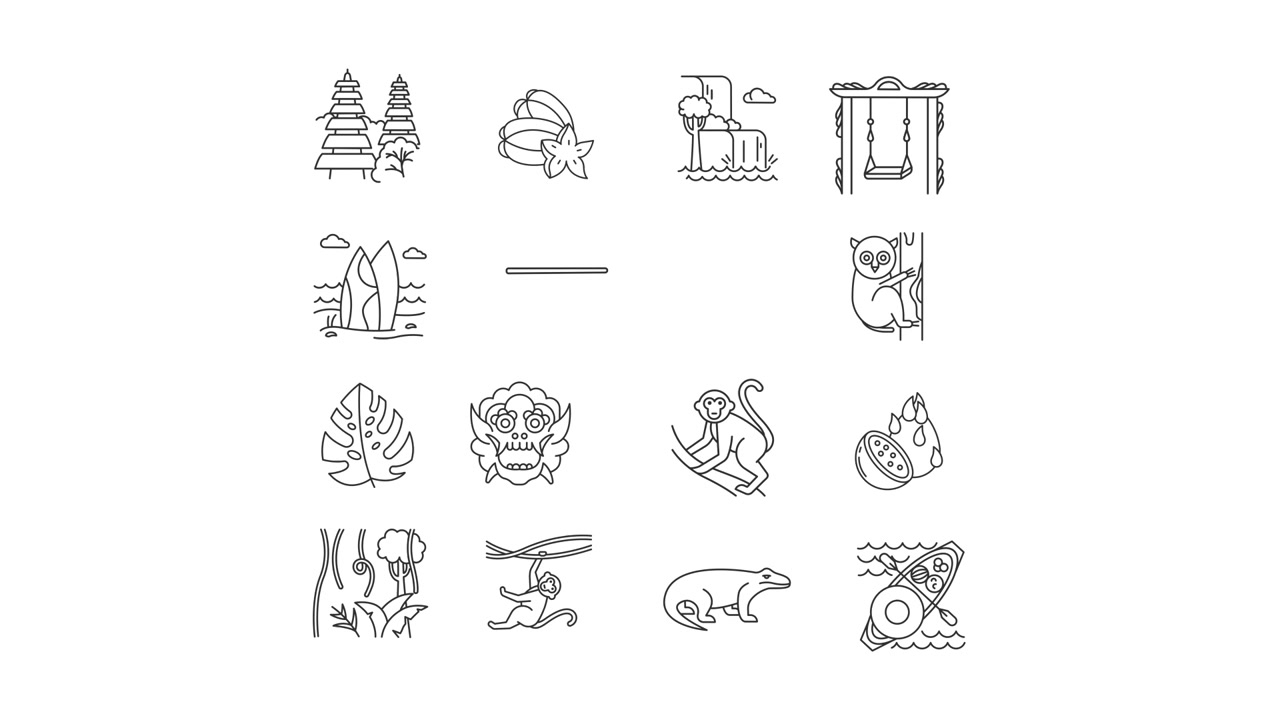 Set of Bali Travel and Nature Line Art Icons