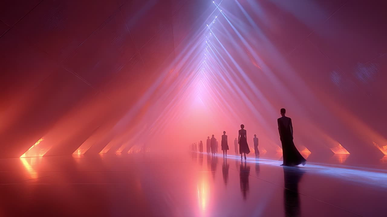 A mesmerizing fashion show featuring elegant models walking down a stunning runway illuminated by striking lights, creating an ethereal and futuristic ambiance that captivates the audience's attention