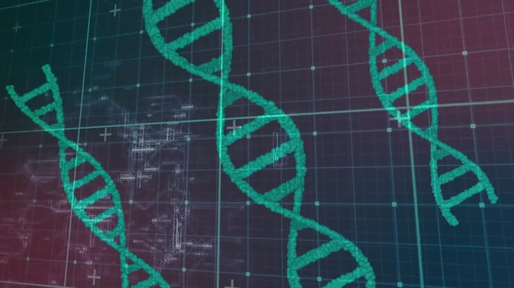 Animation of dots forming dna helixes over navigation pattern against abstract background