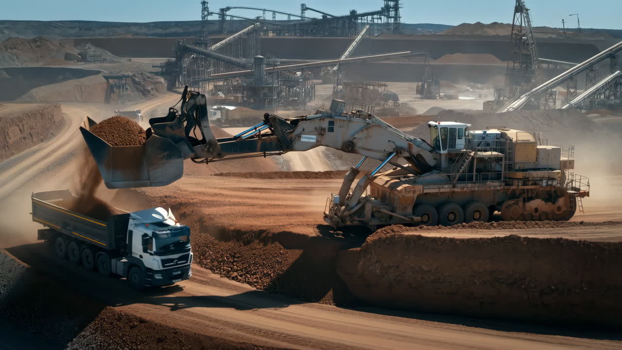 Large Excavator Loading a Dump Truck at a Mining Site