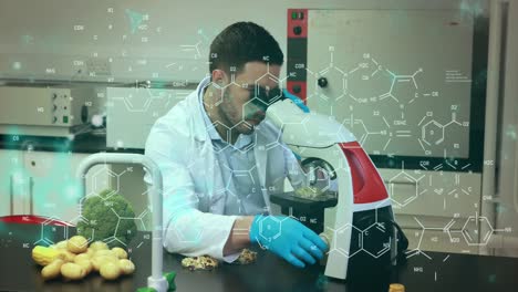 animación de estructuras moleculares, nucleótidos, científico caucásico mirando la muestra a través del microscopio
