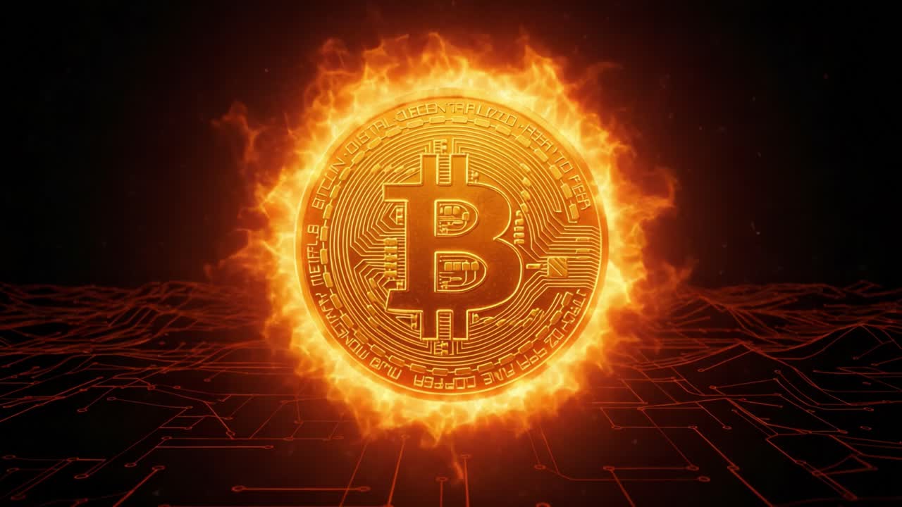 A Radiant Bitcoin Symbol Surrounded by Fiery Flames, Emphasizing the Power and Energy Behind Cryptocurrency in Today's Digital Era