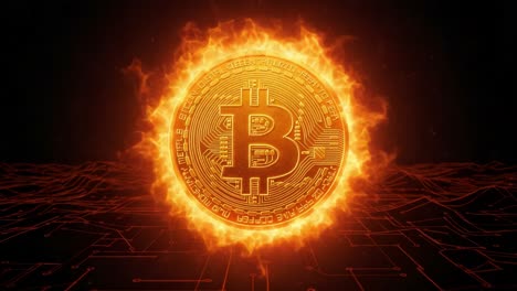 a radiant bitcoin symbol surrounded by fiery flames, emphasizing the power and energy behind cryptocurrency in today's digital era