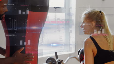 Animation-of-data-processing-over-caucasian-woman-at-gym