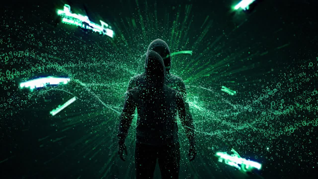 Mysterious figure surrounded by digital streams showcases the interplay of technology and anonymity in a dark environment