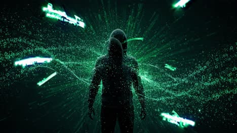 mysterious figure surrounded by digital streams showcases the interplay of technology and anonymity in a dark environment