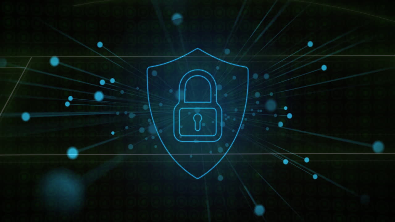 Animation of glowing lock and shield symbolizing cybersecurity with digital connections