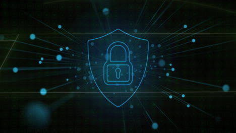 animation of glowing lock and shield symbolizing cybersecurity with digital connections
