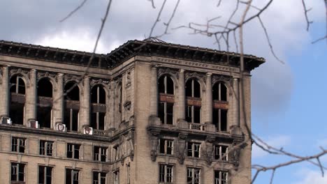 top of right wing of rotten michigan central station in sunshine in 2009, detroit, usa