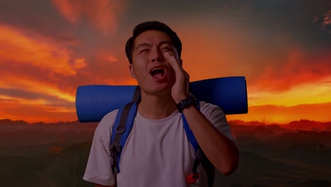 hombre gritando en las montañas al atardecer