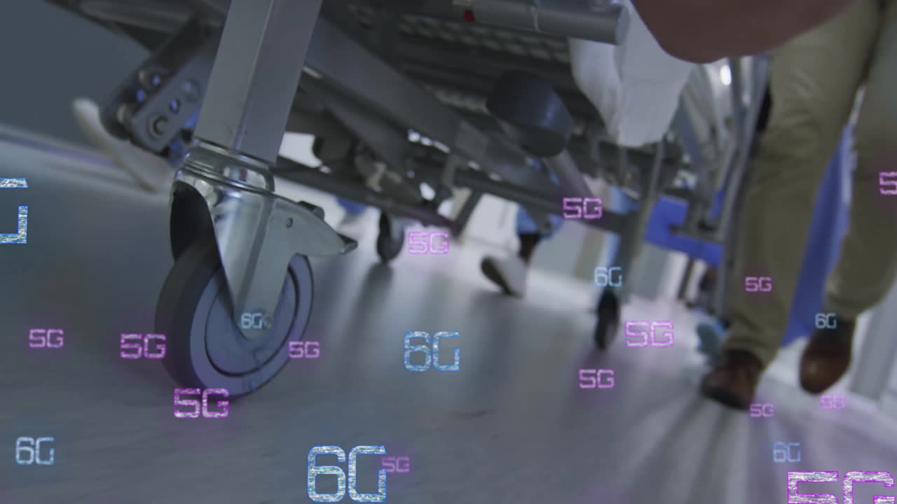 Animation of 5g and 6g data processing over doctors with hospital bed