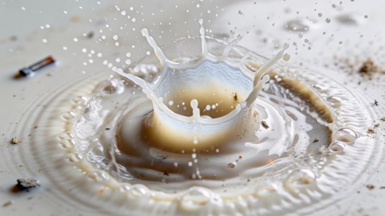 Una gocciolina che impatta una cupola di bolle trasparente, rompendo la pellicola e formando un getto di latte su un vassoio bianco, cella a sinistra.
