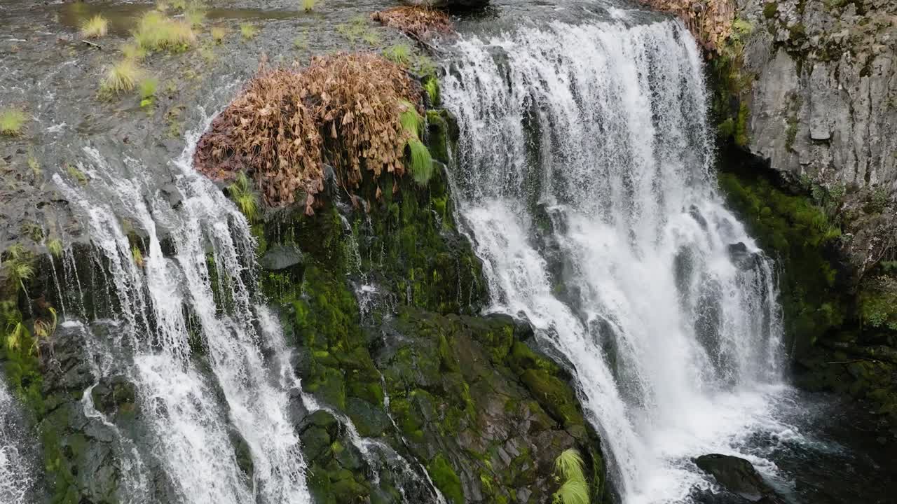 Aerial Footage of a Powerful Flowing and Tranquil Waterfall - Middle McCloud Falls in Northern California