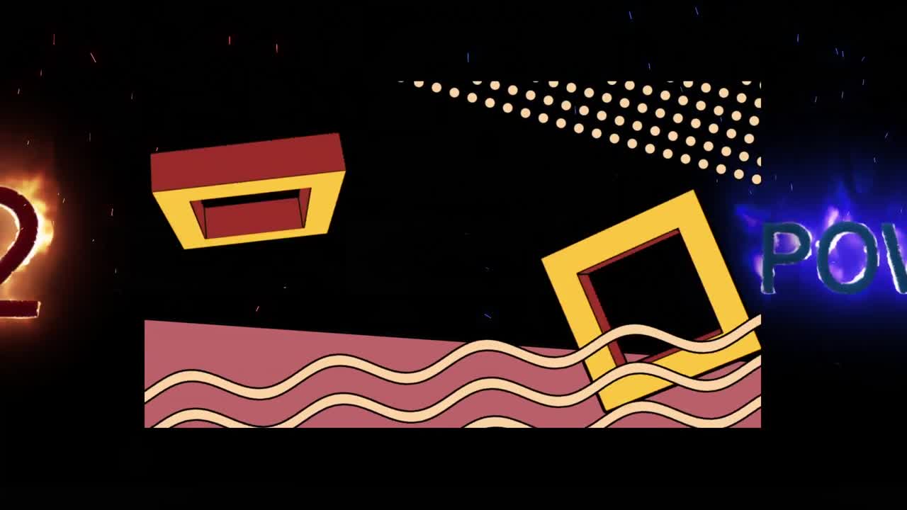 검은색 바탕에 불타는 글자를 가진 회전하는 사각형과 파도의 애니메이션