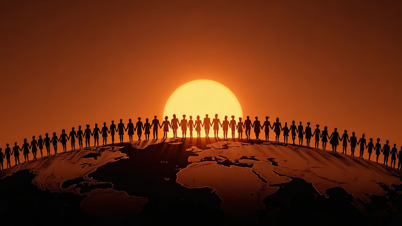 Un'unità diversificata che celebra l'unione sullo sfondo di un cielo crepuscolare e il sole che tramonta all'orizzonte, enfatizzando la connessione globale e la speranza