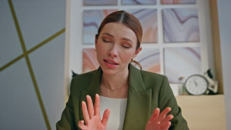 remote businesswoman having online conversation with business partner pov view