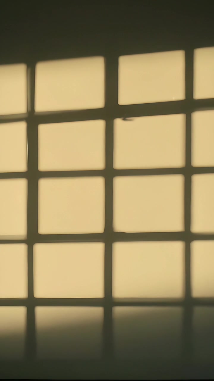 Vertical video: Sun casting window grid shadow on wall with lower band, speck shifting right