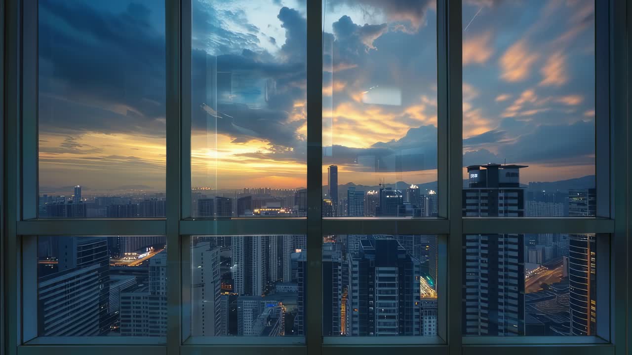 Dramatic clouds reflecting on glass windows of sleek skyscrapers during golden sunset, capturing urban landscape with dynamic metropolitan skyline and architectural panorama