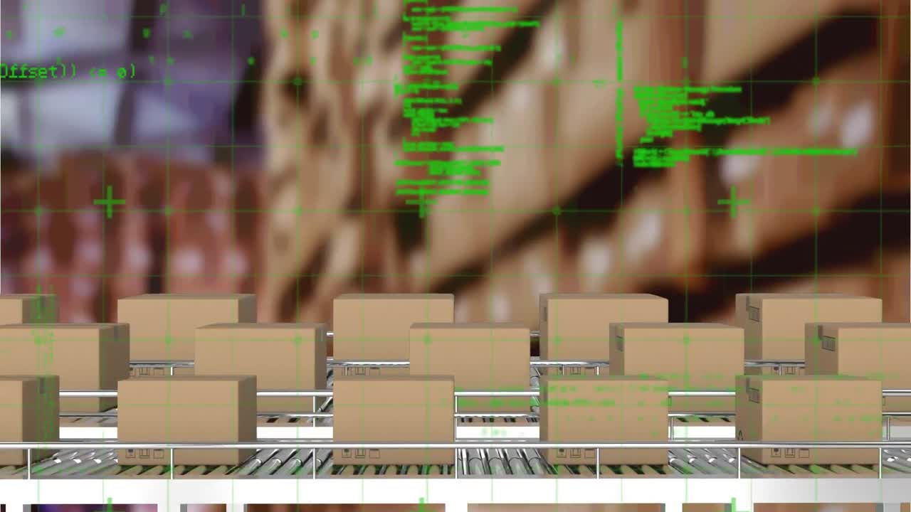 창고의 컨베이어 벨트에 있는 카드보드 상자 위의 데이터 처리 애니메이션