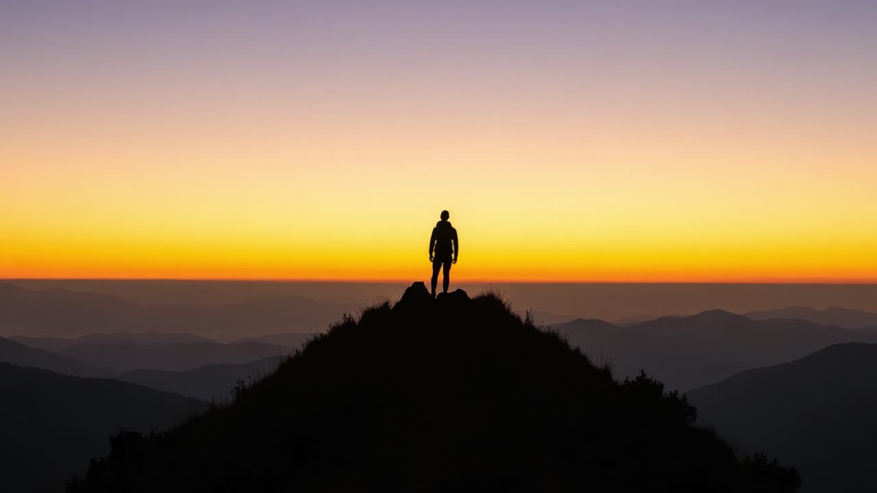 A solitary figure stands tall on a mountain peak at sunrise, silhouetted against a breathtaking gradient of warm hues, capturing the beauty and tranquility of nature