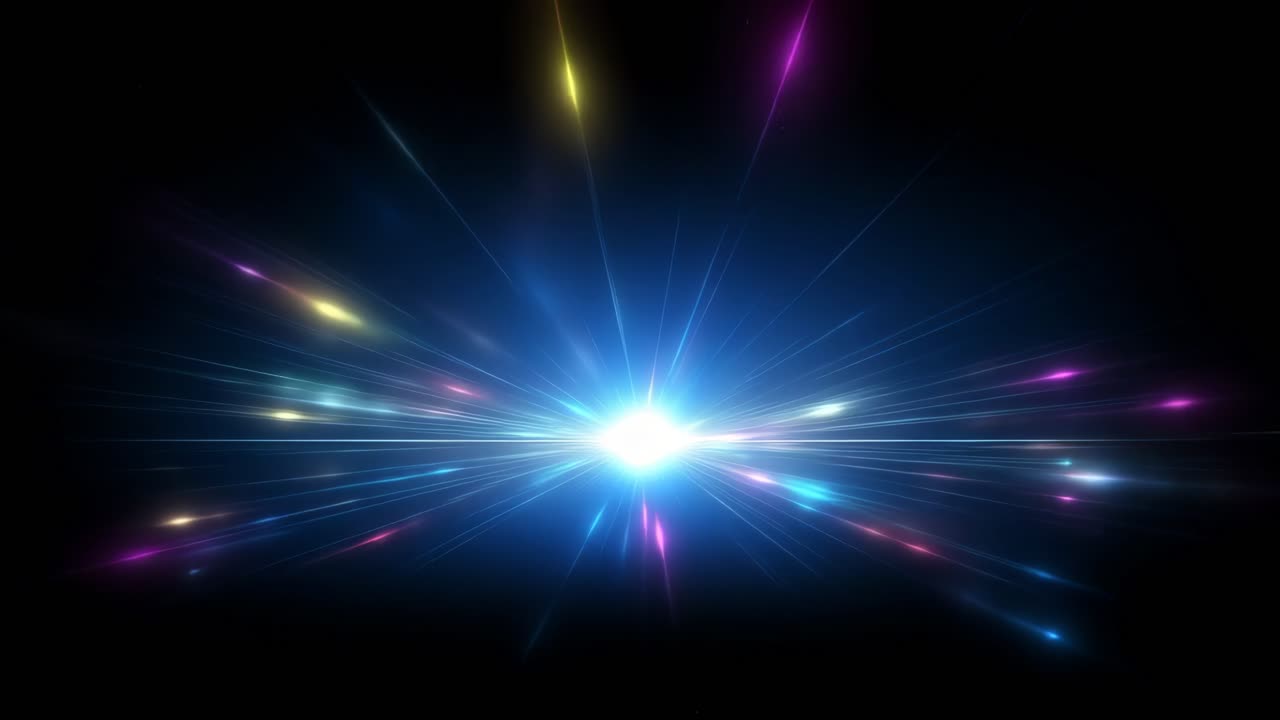 Dynamic video concept with colorful light streaks radiating from a central point