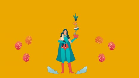 Animation-of-superhero-mum-with-daughter-and-plants-over-flowers-moving-in-hypnotic-motion-on-orange