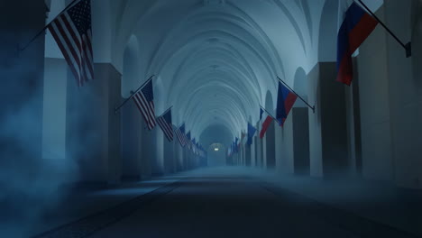 hallway with flags