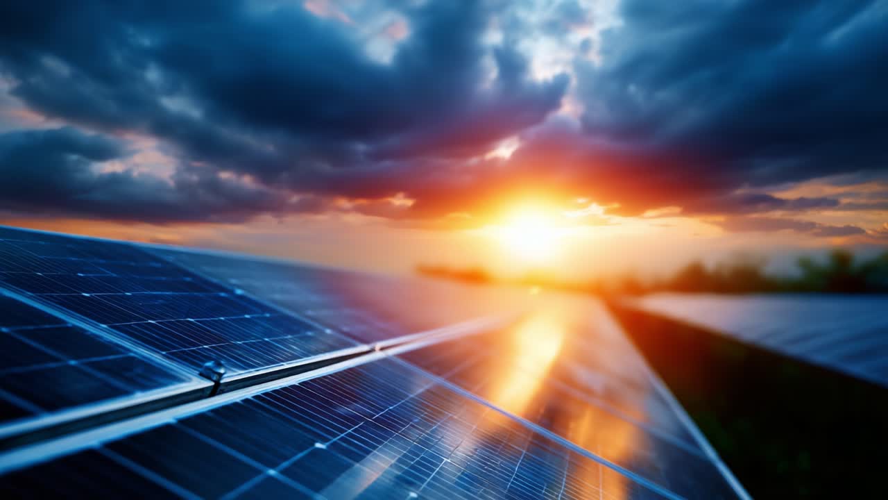Fesselnder Sonnenuntergang über Solarmodulen: Ein atemberaubender Blick auf erneuerbare Energien im Einklang mit der Natur während eines lebendigen Abendhimmels