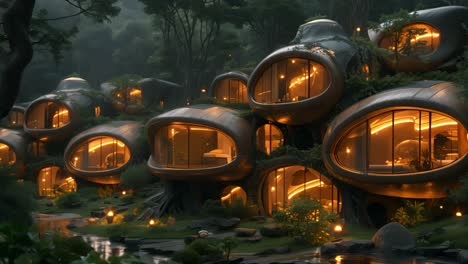 futuristic bubble homes in an enchanted forest at night
