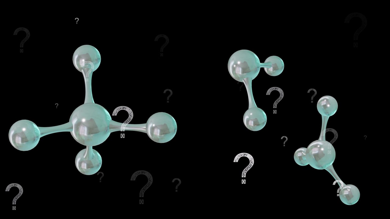Loop start three teal molecules rotating and drifting while question marks pulsing, evoking inquiry