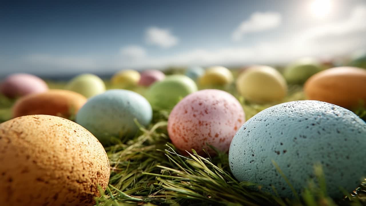 Uma Exibição Vibrante de Ovos de Páscoa Coloridos Aninhados Entre a Grama Verde Fresca Sob um Céu Azul Brilhante, Significando Alegria e Celebrações da Primavera.